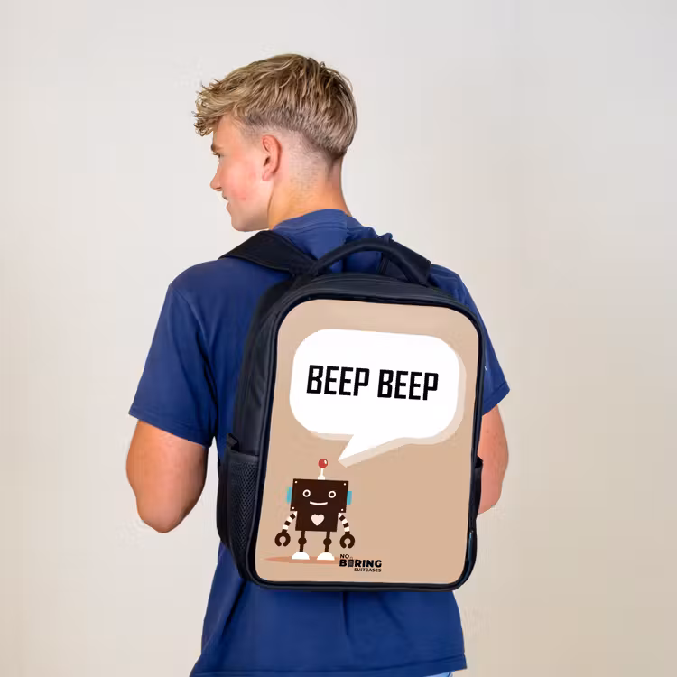 Kinderrucksack - Schwarz - Dunkelbrauner Roboter mit einem Text — 3