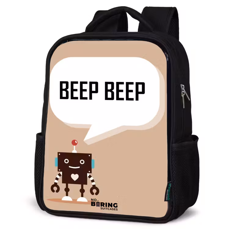 Kinderrucksack - Schwarz - Dunkelbrauner Roboter mit einem Text — 4