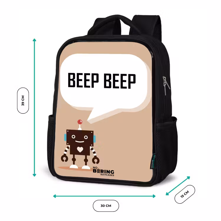 Kinderrucksack - Schwarz - Dunkelbrauner Roboter mit einem Text — 6