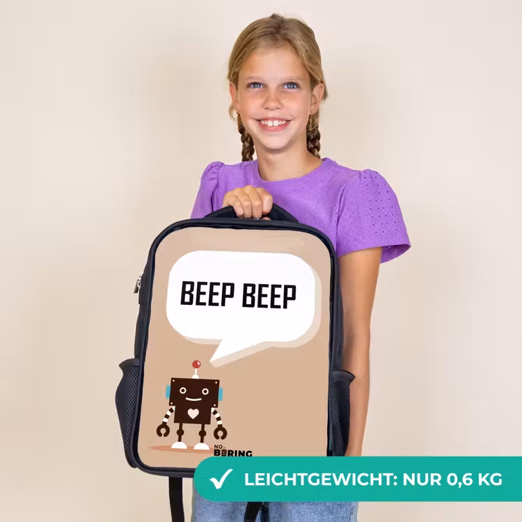 Kinderrucksack - Schwarz - Dunkelbrauner Roboter mit einem Text — 7