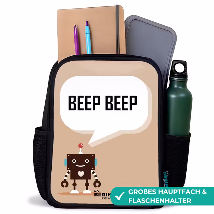 Kinderrucksack - Schwarz - Dunkelbrauner Roboter mit einem Text — 8