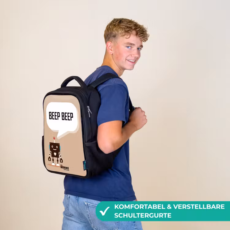 Kinderrucksack - Schwarz - Dunkelbrauner Roboter mit einem Text — 9