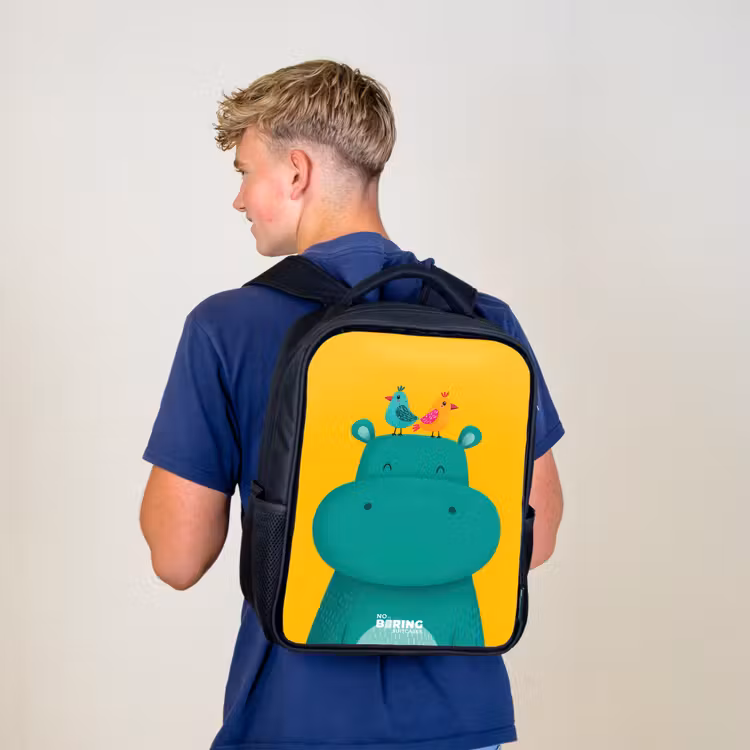 Kinderrucksack - Schwarz - Nilpferd - Vögel - Gelb — 3