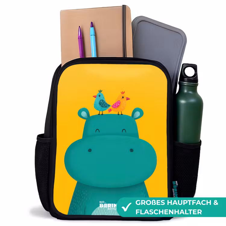 Kinderrucksack - Schwarz - Nilpferd - Vögel - Gelb — 8