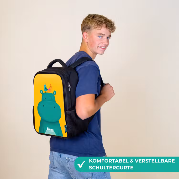 Kinderrucksack - Schwarz - Nilpferd - Vögel - Gelb — 9