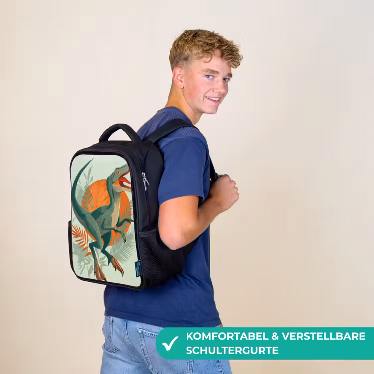 Kinderrucksack - Schwarz - Dino - Blätter - Grafik - Grün — 9