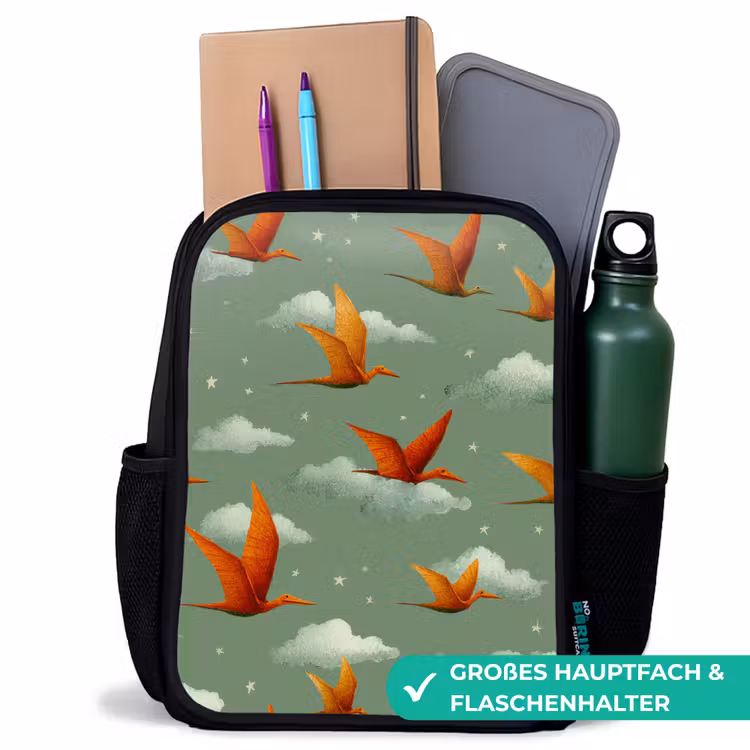 Kinderrucksack - Schwarz - Dinosaurier - Wolken - Sterne - Orange — 8