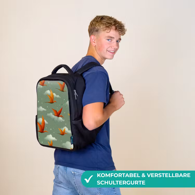 Kinderrucksack - Schwarz - Dinosaurier - Wolken - Sterne - Orange — 9
