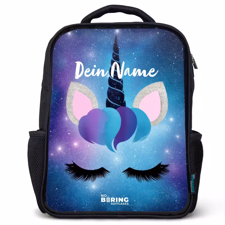 Kinderrucksack - Schwarz - Einhorn auf einem Sternenhimmel Hintergrund — 1