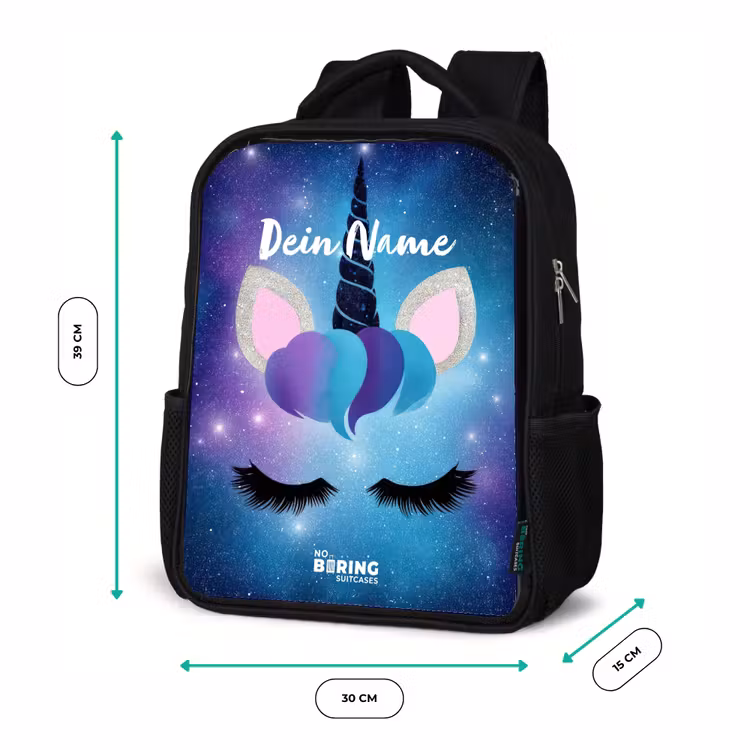 Kinderrucksack - Schwarz - Einhorn auf einem Sternenhimmel Hintergrund — 6