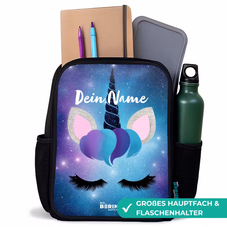 Kinderrucksack - Schwarz - Einhorn auf einem Sternenhimmel Hintergrund — 8