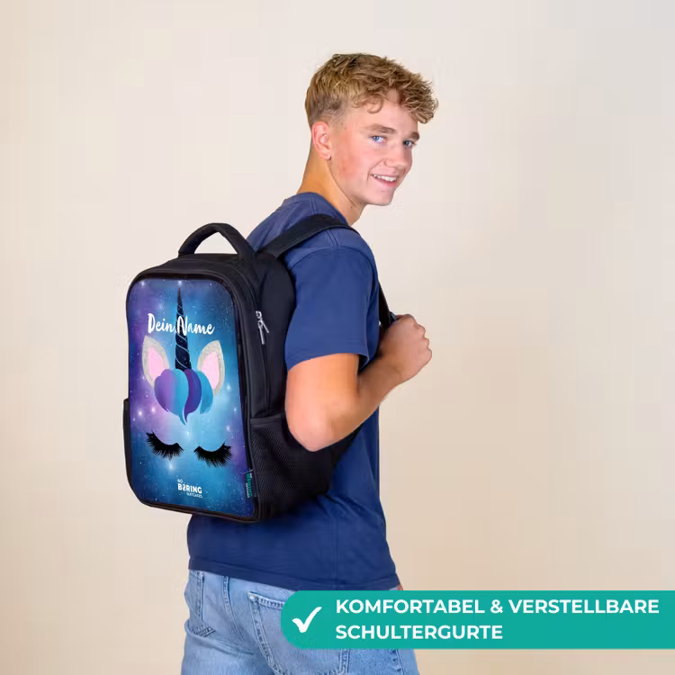 Kinderrucksack - Schwarz - Einhorn auf einem Sternenhimmel Hintergrund — 9