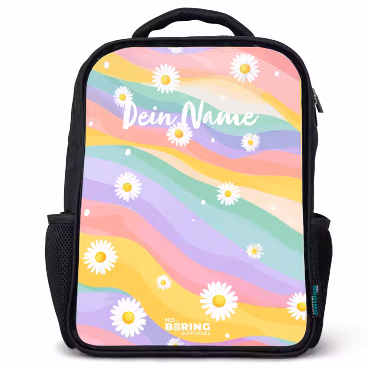 Kinderrucksack - Schwarz - Gänseblümchen auf Regenbogen-Hintergrund — 1