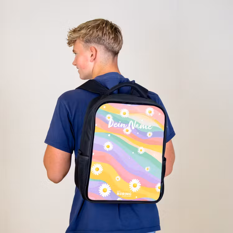 Kinderrucksack - Schwarz - Gänseblümchen auf Regenbogen-Hintergrund — 3