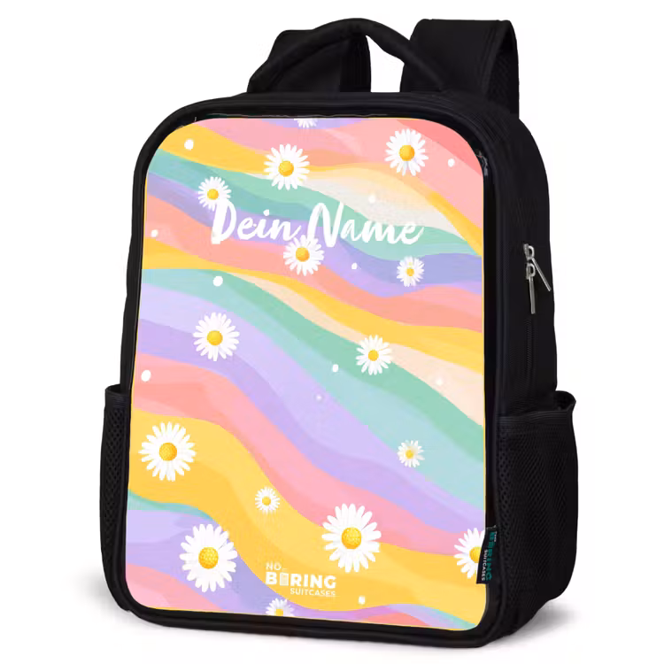 Kinderrucksack - Schwarz - Gänseblümchen auf Regenbogen-Hintergrund — 4
