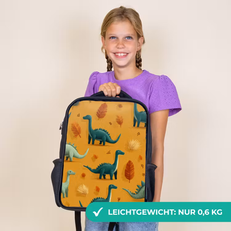 Kinderrucksack - Schwarz - Dinosaurier - Stacheln - Herbstblätter - Braun — 7
