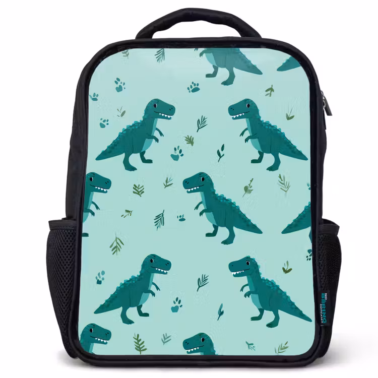 Kinderrucksack - Schwarz - Dunkelgrün - Dinosaurier - Drucke - Blätter — 1