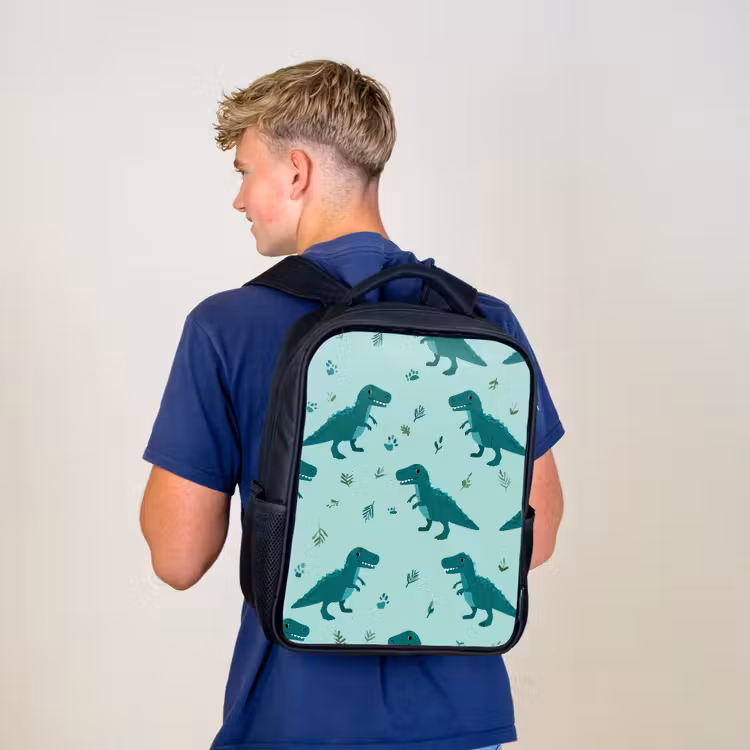 Kinderrucksack - Schwarz - Dunkelgrün - Dinosaurier - Drucke - Blätter — 3