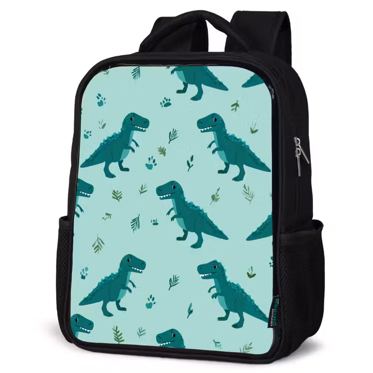 Kinderrucksack - Schwarz - Dunkelgrün - Dinosaurier - Drucke - Blätter — 4