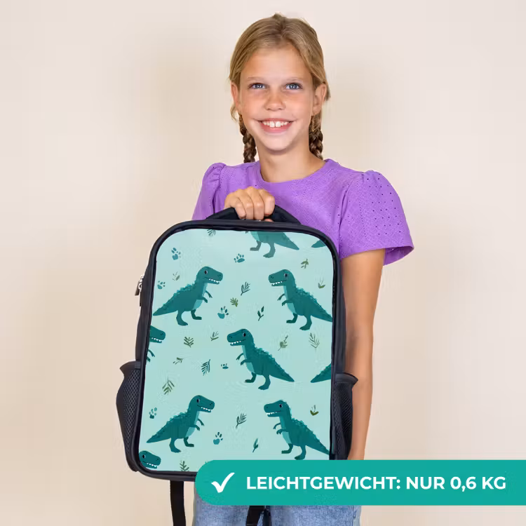 Kinderrucksack - Schwarz - Dunkelgrün - Dinosaurier - Drucke - Blätter — 7