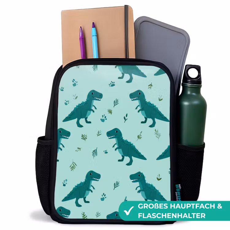 Kinderrucksack - Schwarz - Dunkelgrün - Dinosaurier - Drucke - Blätter — 8