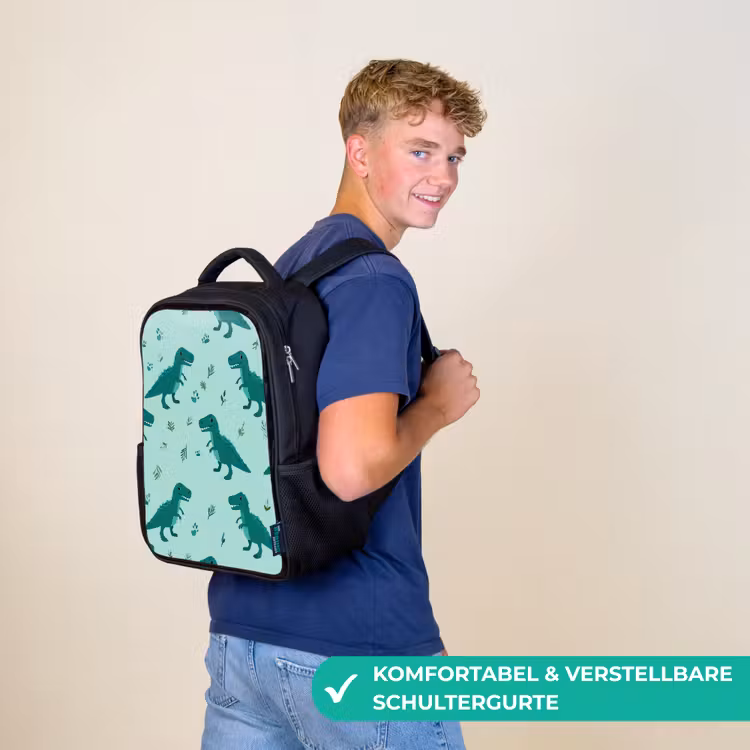 Kinderrucksack - Schwarz - Dunkelgrün - Dinosaurier - Drucke - Blätter — 9