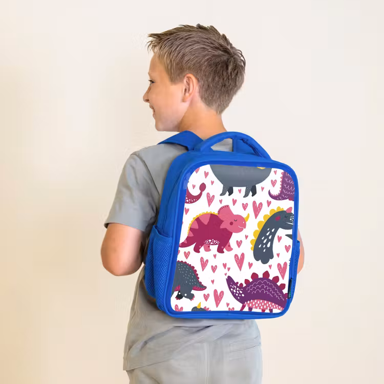 Kinderrucksack - Blau - Dino - Herz - Muster - Rosa - Mädchen - Dinosaurier — 2
