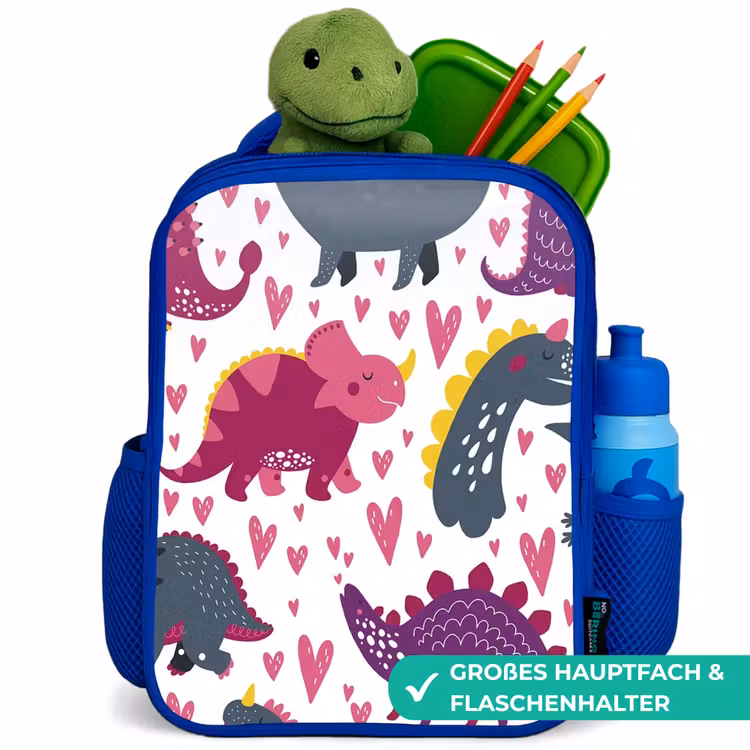 Kinderrucksack - Blau - Dino - Herz - Muster - Rosa - Mädchen - Dinosaurier — 3