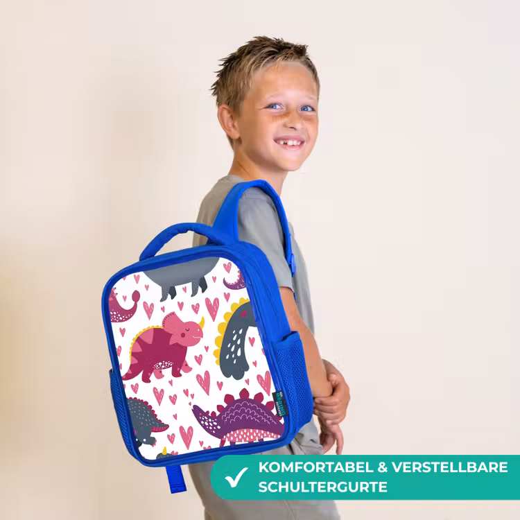 Kinderrucksack - Blau - Dino - Herz - Muster - Rosa - Mädchen - Dinosaurier — 5