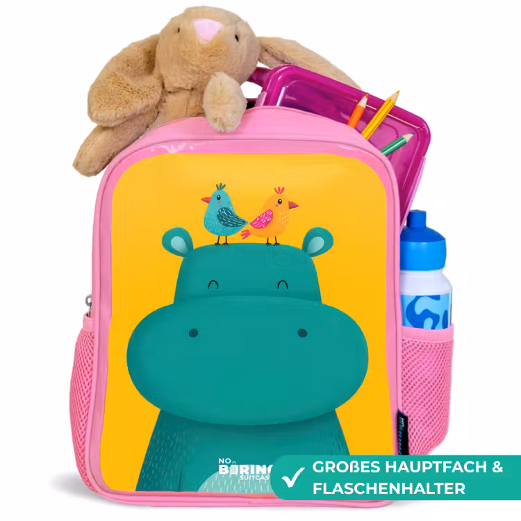 Kinderrucksack - Rosa - Nilpferd - Vögel - Gelb — 3