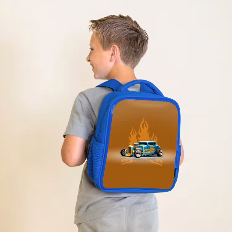 Kinderrucksack - Blau - Blaues Auto mit gelben Flammen — 2