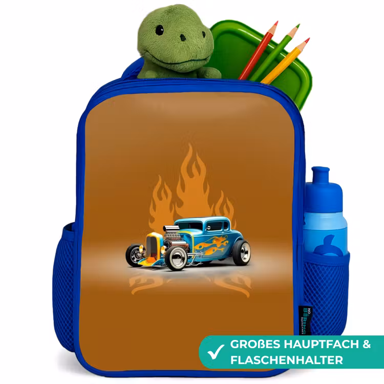 Kinderrucksack - Blau - Blaues Auto mit gelben Flammen — 3