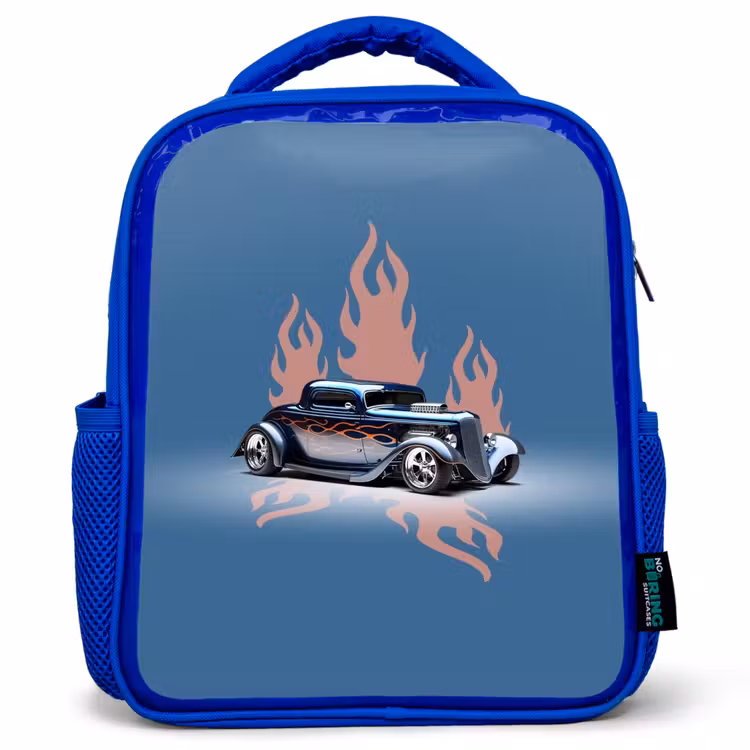 Kinderrucksack - Blau - Blaues Auto mit rosa Flammen — 1