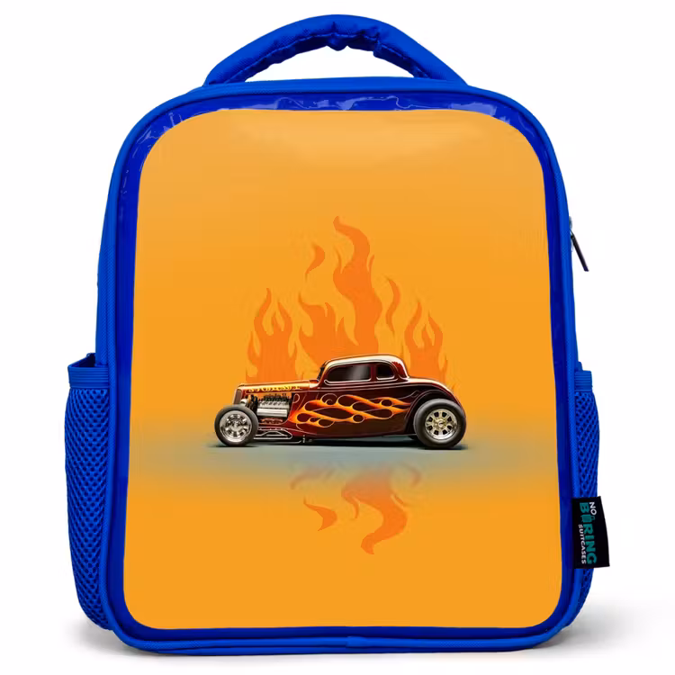 Kinderrucksack - Blau - Braunes Auto mit gelben Flammen — 1