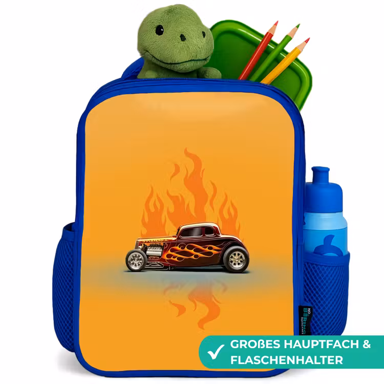 Kinderrucksack - Blau - Braunes Auto mit gelben Flammen — 3