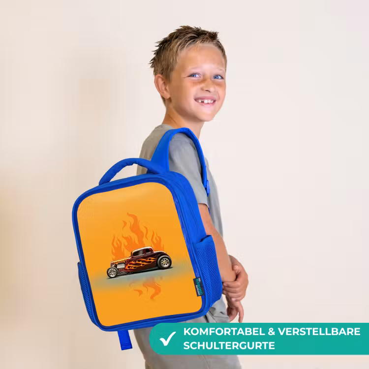 Kinderrucksack - Blau - Braunes Auto mit gelben Flammen — 5
