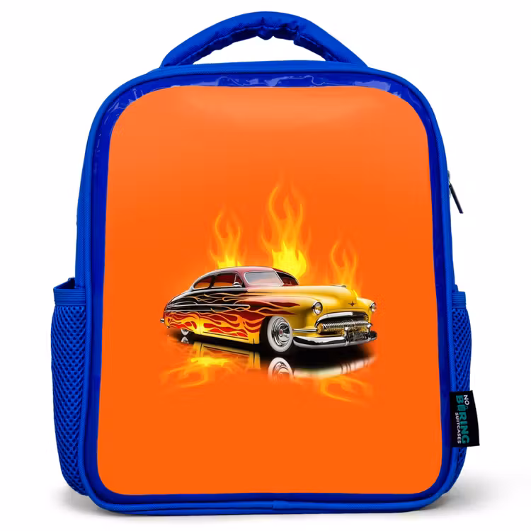 Kinderrucksack - Blau - Gelbes Auto mit gelben Flammen — 1