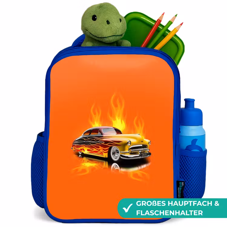 Kinderrucksack - Blau - Gelbes Auto mit gelben Flammen — 3
