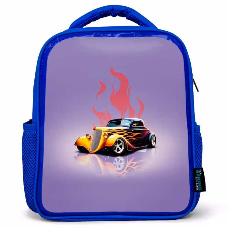 Kinderrucksack - Blau - Gelbes Auto mit rosa Flammen — 1