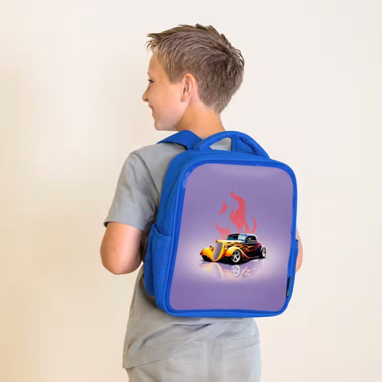 Kinderrucksack - Blau - Gelbes Auto mit rosa Flammen — 2