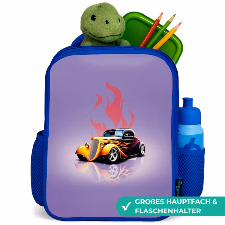 Kinderrucksack - Blau - Gelbes Auto mit rosa Flammen — 3