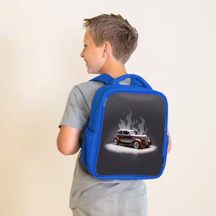 Kinderrucksack - Blau - Graues Auto mit grauen Flammen — 2