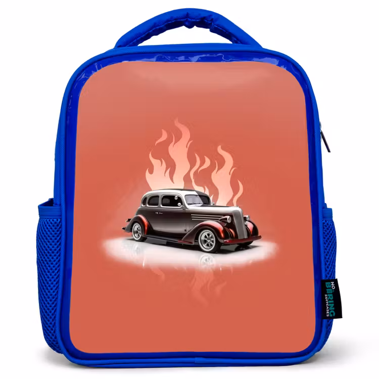 Kinderrucksack - Blau - Graues Auto mit rosa Flammen — 1