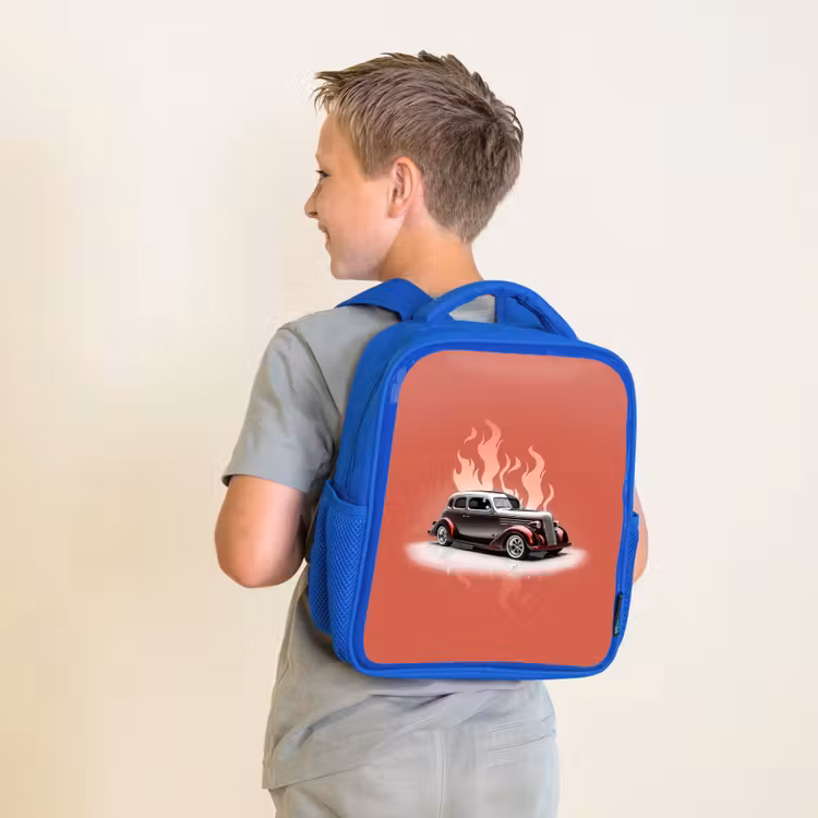 Kinderrucksack - Blau - Graues Auto mit rosa Flammen — 2
