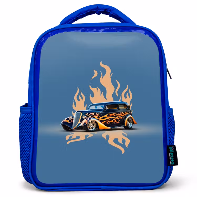 Kinderrucksack - Blau - Schwarzes Auto mit beigen Flammen — 1