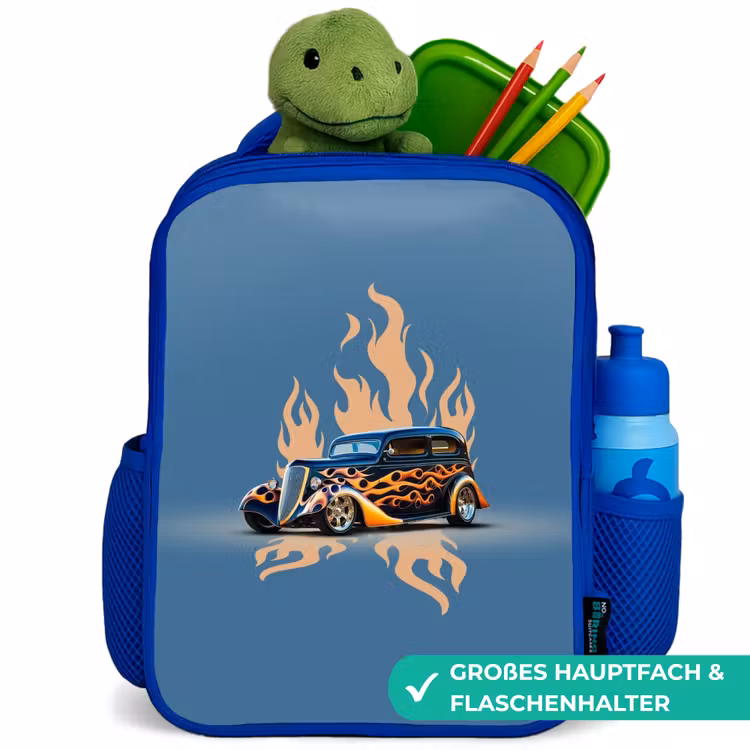 Kinderrucksack - Blau - Schwarzes Auto mit beigen Flammen — 3