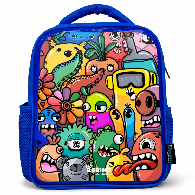 Kinderrucksack - Blau - Ausdrucksstarkes und geschäftiges Muster mit Monstern — 1