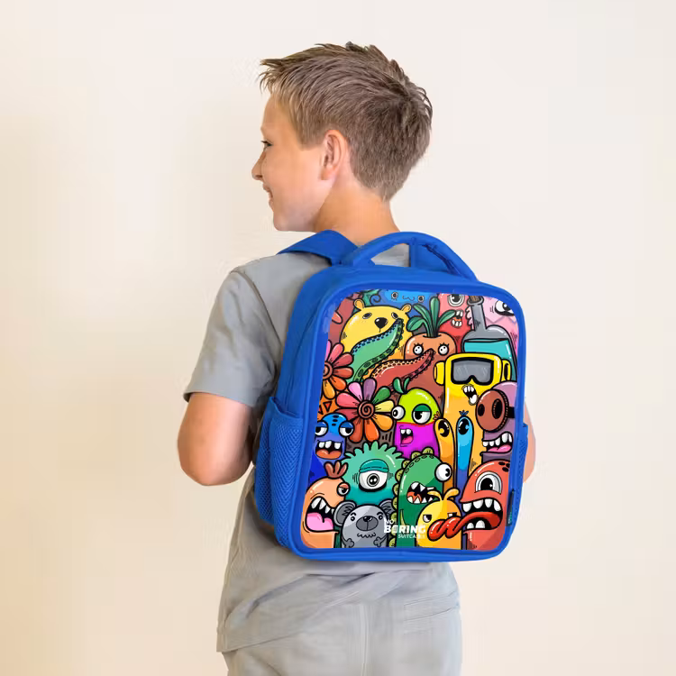 Kinderrucksack - Blau - Ausdrucksstarkes und geschäftiges Muster mit Monstern — 2