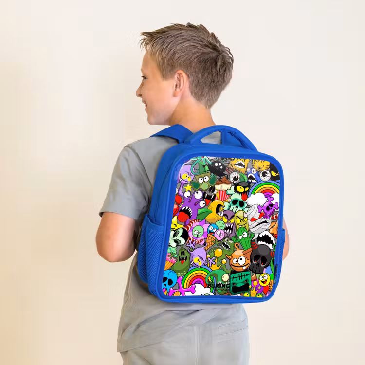 Kinderrucksack - Blau - Chaotisch-bunte Monster-Muster — 2