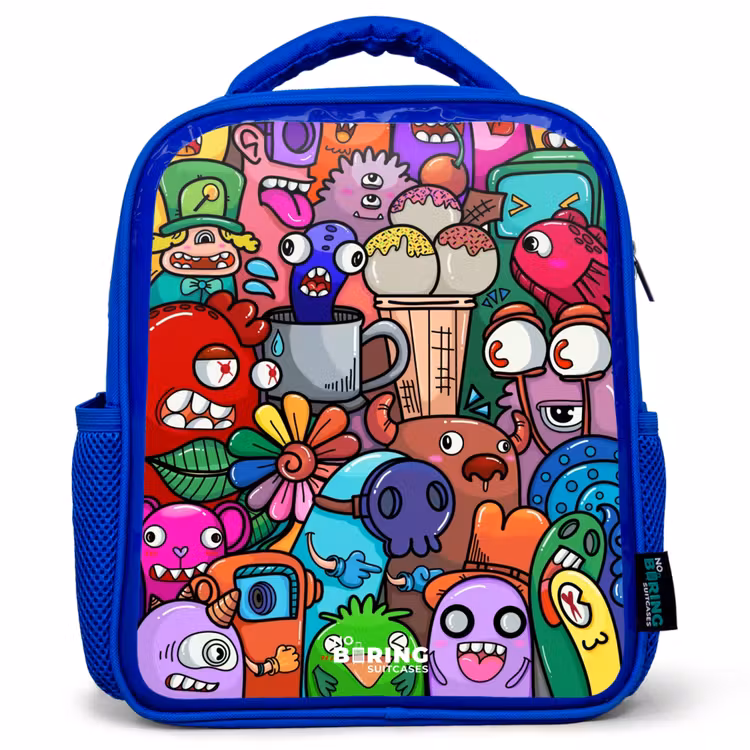 Kinderrucksack - Blau - Monster, Blumen und Eiscreme-Muster — 1